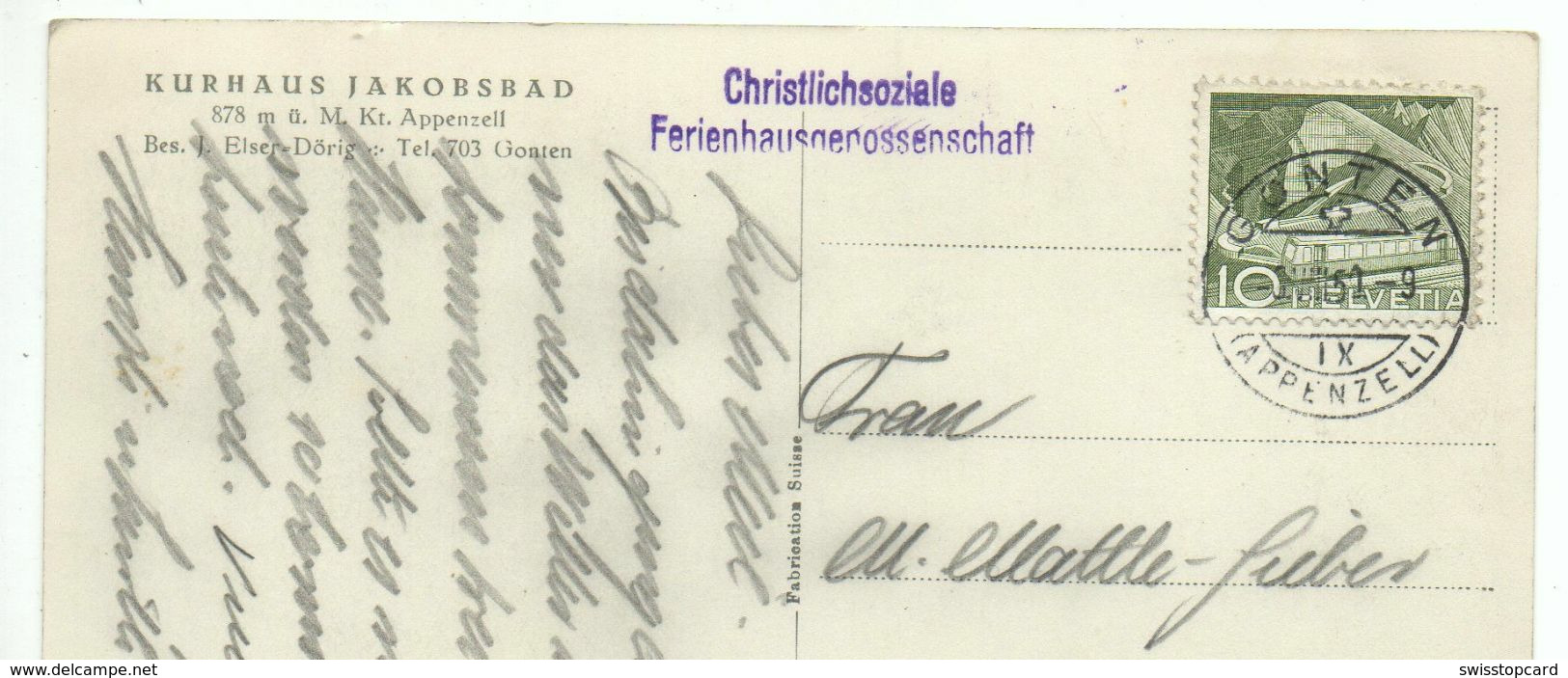 GONTEN Kurhaus Jakobsbad Gel. 1950 Spez. Stempel - Gonten