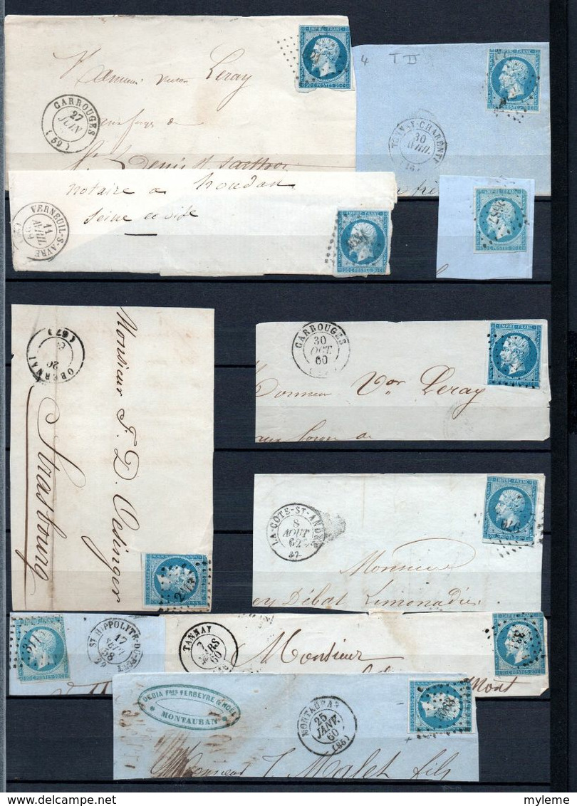 E176 Bel Ensemble De 10 Fragments Lettres N° 14 Bleu Ayant Une Côte Entre 3 Et 10 Euros Chacun ... Voir Commentaires - 1862 Napoléon III.