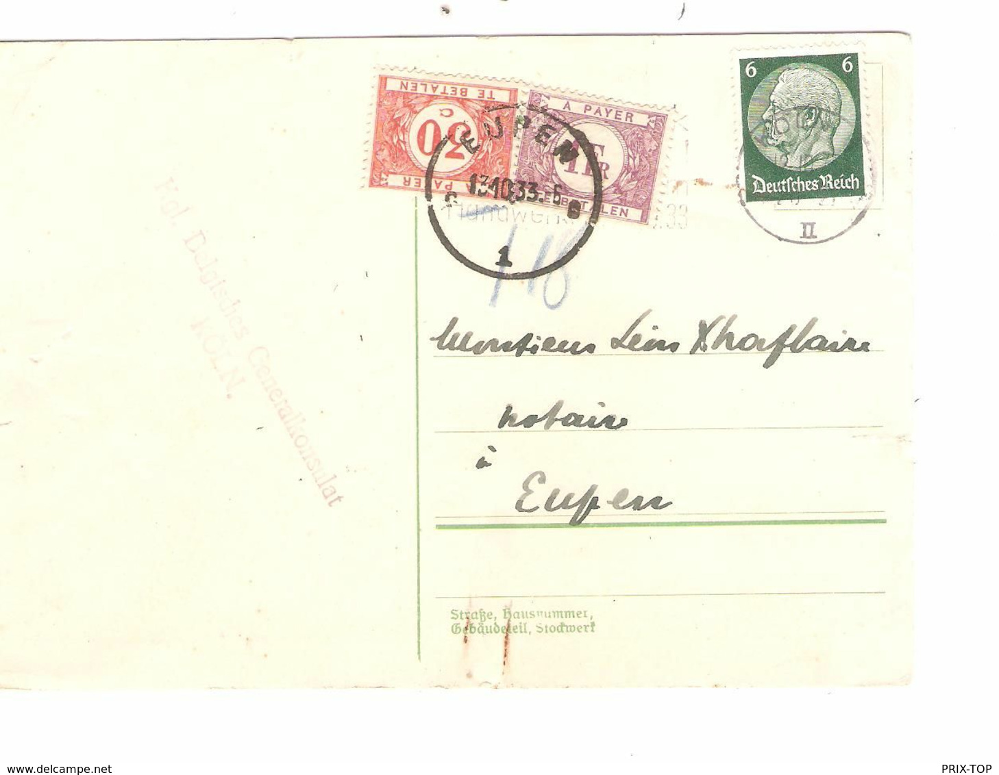 REF1751/ TP Hindenburg S/CP Consulat Belge Cologne C.Köln 12/10/33 Demande Mandat T Bleu 18 > Eupen Taxée 1,30 C.Eupen - Covers & Documents