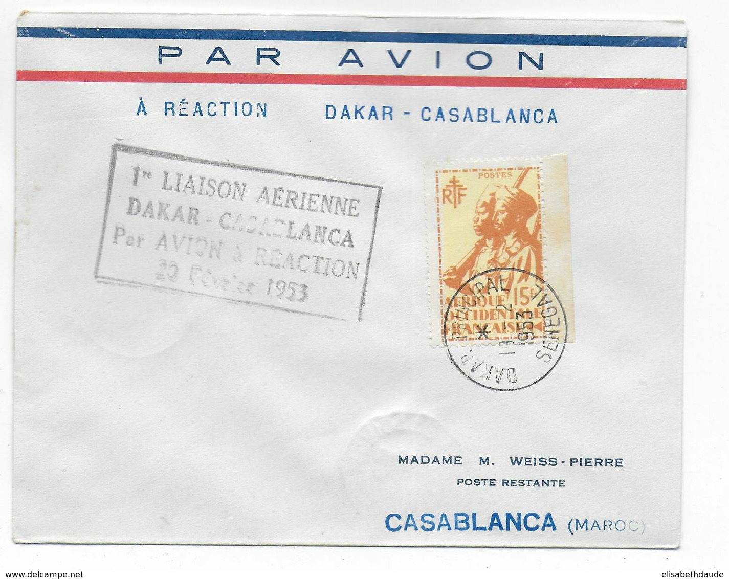 1953 - AOF - ENVELOPPE 1° LIAISON AERIENNE Par AVION à REACTION De DAKAR (SENEGAL) => CASABLANCA (MAROC) - Covers & Documents