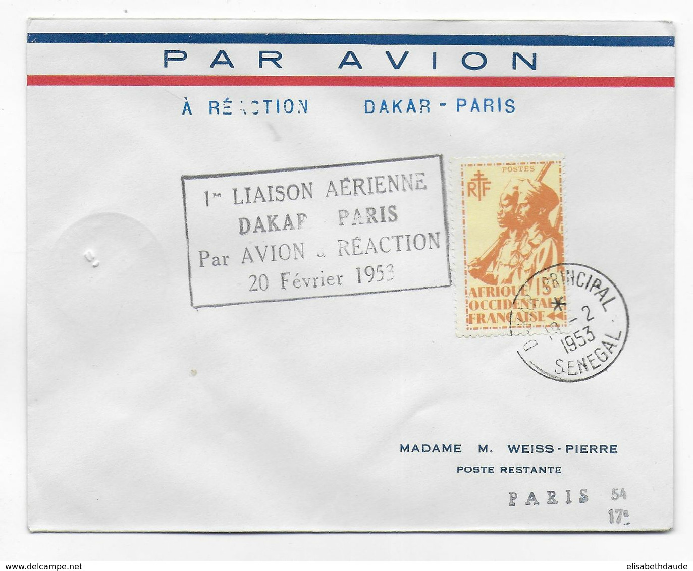 1953 - AOF - ENVELOPPE 1° LIAISON AERIENNE Par AVION à REACTION De DAKAR (SENEGAL) => PARIS - Covers & Documents