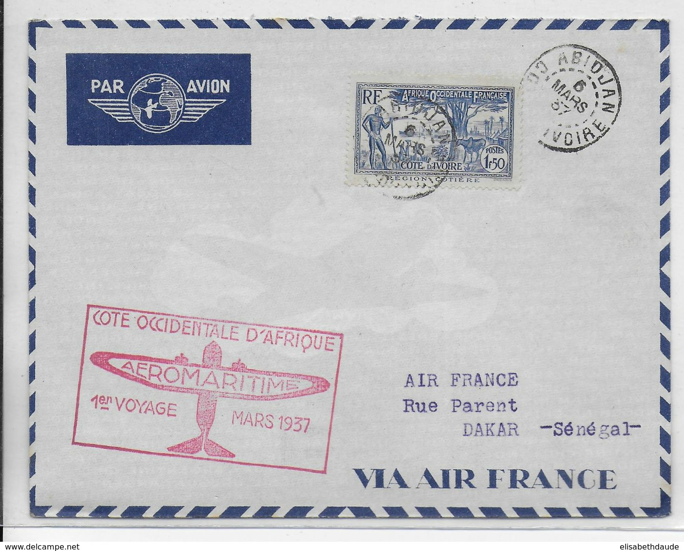 1937 - COTE D'IVOIRE - ENVELOPPE 1° LIAISON AERIENNE AEROMARITIME AIR FRANCE De ABIDJAN => DAKAR (SENEGAL) - Briefe U. Dokumente
