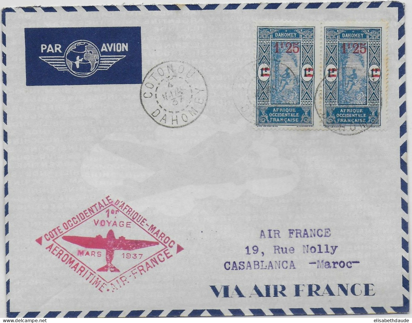 1937 - DAHOMEY - ENVELOPPE 1° LIAISON AERIENNE AEROMARITIME AIR FRANCE De COTONOU => CASABLANCA (MAROC) - Briefe U. Dokumente