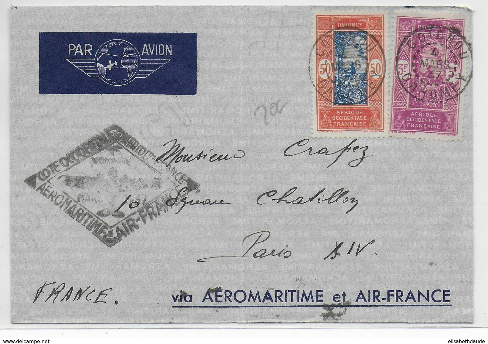 1937 - DAHOMEY - AEROMARITIME Et AIR FRANCE - ENVELOPPE Par AVION De COTONOU => PARIS - Lettres & Documents