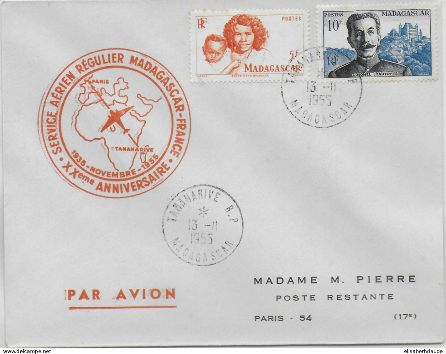 1955 - MADAGASCAR - ENVELOPPE 20 ANS De La 1° LIAISON AERIENNE REGULIERE De TANANARIVE => PARIS - Briefe U. Dokumente
