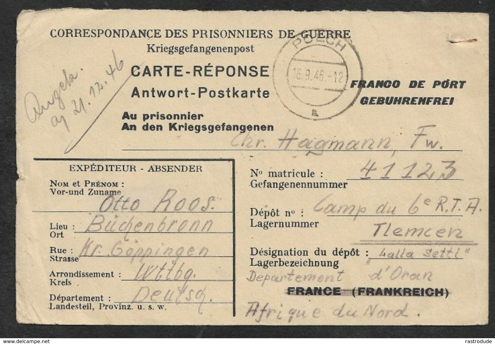 1946 KGF - PRISONNIERS DE GUERRE - KRIEGSGEFANGENE - RÉPONSE ANTWORT -POECH N. LALLA SETTI , C 6e R.T.A, ORAN ALGERIE - Briefe U. Dokumente