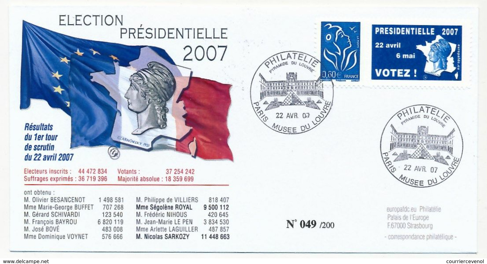 FRANCE - Envel Affr 0,60 Lamouche Avec Vignette Attenante "Présidentielle 2007 - Votez" - Résultats 1er Tour - 22/4/2007 - 2004-2008 Marianne (Lamouche)