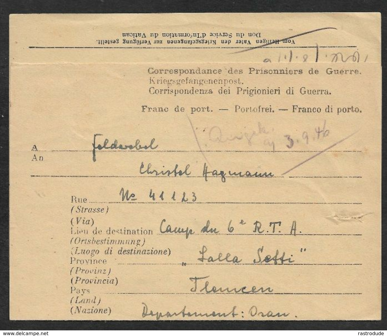 1946 KGF - PRISONNIERS DE GUERRE - KRIEGSGEFANGENE - ALMA IV (LAGHOUAT) A. LALLA SETTI, TLEMCEN - Covers & Documents