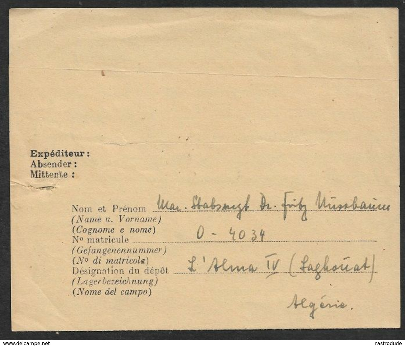 1946 KGF - PRISONNIERS DE GUERRE - KRIEGSGEFANGENE - ALMA IV (LAGHOUAT) A. LALLA SETTI, TLEMCEN - Lettres & Documents