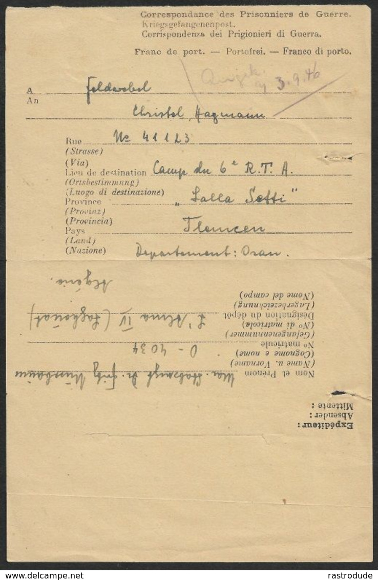 1946 KGF - PRISONNIERS DE GUERRE - KRIEGSGEFANGENE - ALMA IV (LAGHOUAT) A. LALLA SETTI, TLEMCEN - Lettres & Documents