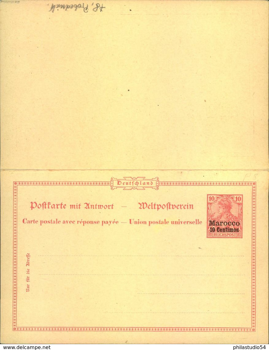 1902, Probedruck Für 10 Pfg. Germania "Deutsches Reich" Doppelkarte, Signiert "Dr. Lantelme" - Morocco (offices)