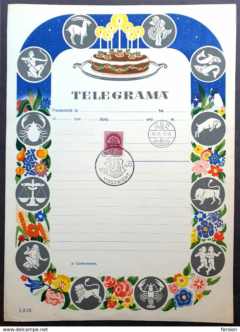 HOROSCOPE Cake Birthday 1940 Hungary WW2 Occupation TELEGRAPH TELEGRAM 1940 ROMANIA Dés Dej LX13 - Telegraphenmarken