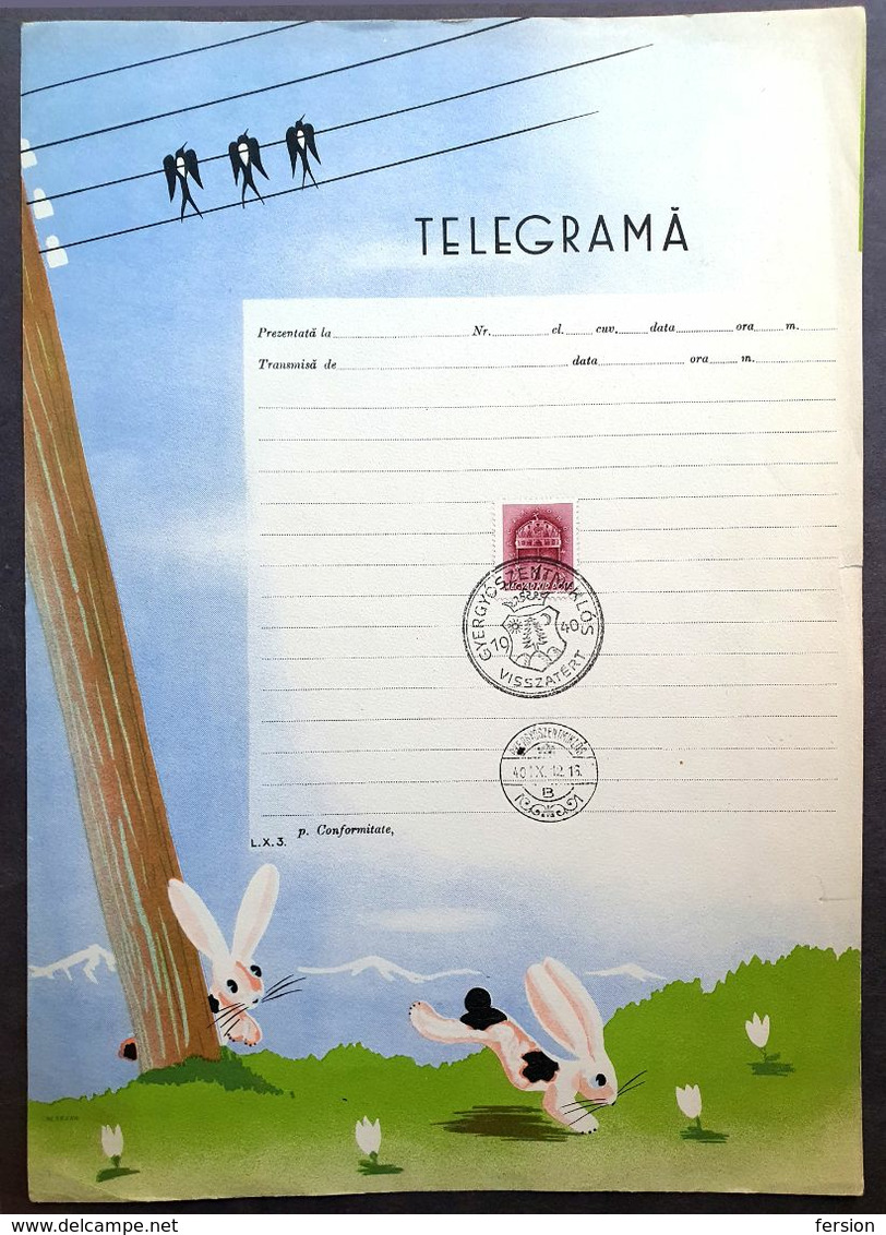 RABBIT SWALLLOW Easter 1940 Hungary WW2 Occupation TELEGRAPH TELEGRAM 1940 ROMANIA Gyergyószentmiklós Gheorgheni LX3 - Telegraph
