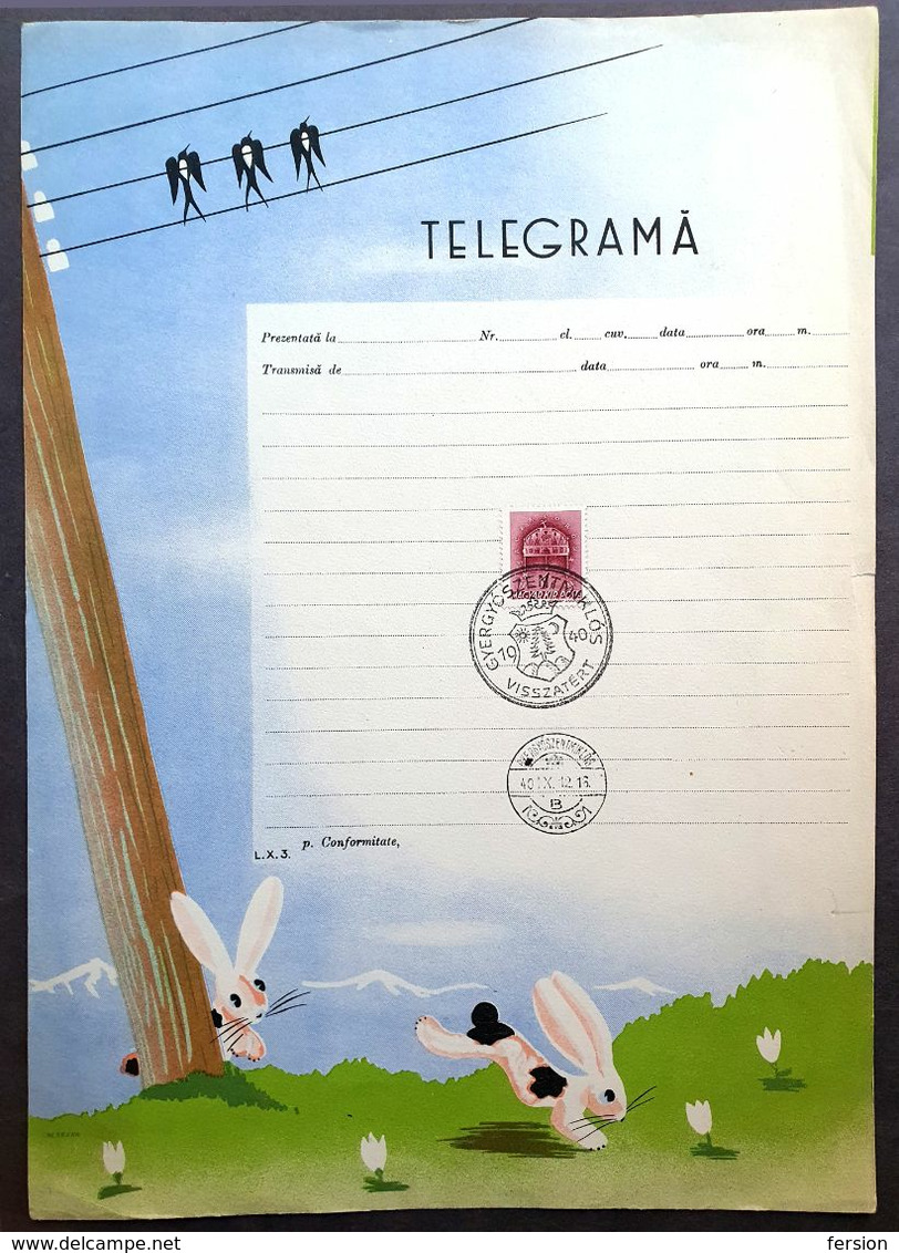 RABBIT SWALLLOW Easter 1940 Hungary WW2 Occupation TELEGRAPH TELEGRAM 1940 ROMANIA Gyergyószentmiklós Gheorgheni LX3 - Telégrafos