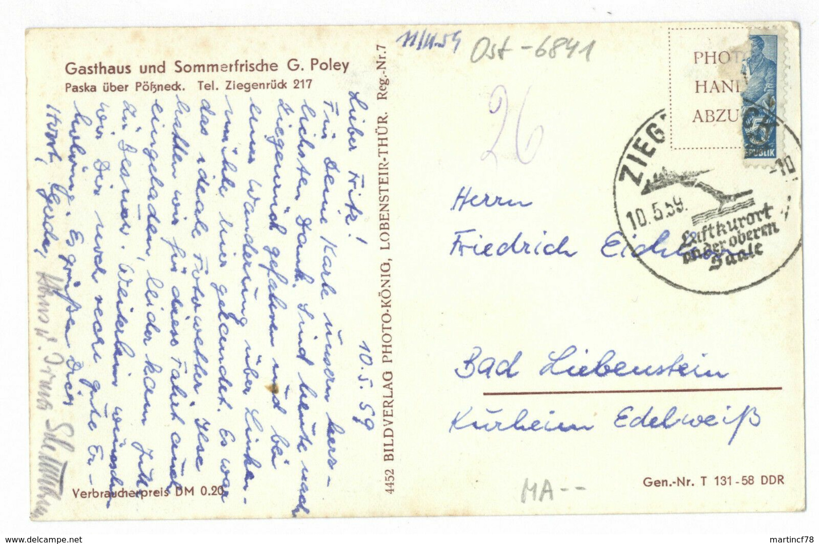 Paska über Pößneck Tel Ziegenrück Gasthaus Und Sommerfrische G. Poley 1959 - Poessneck