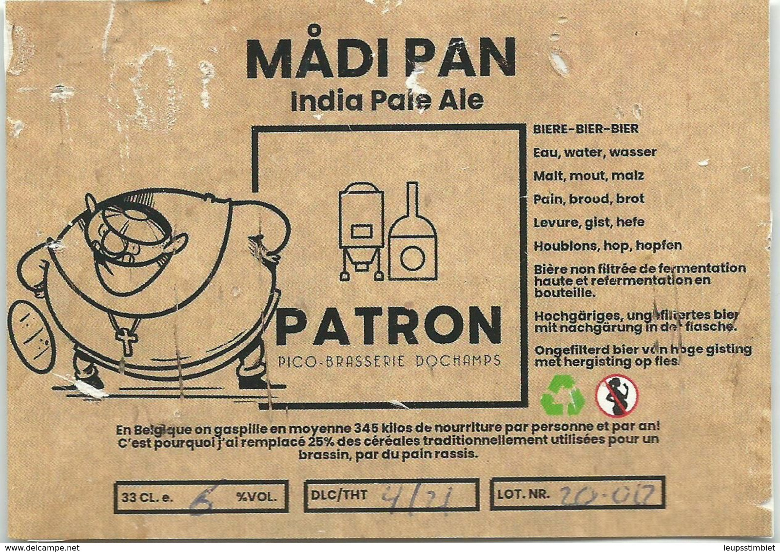 étiquette Décollée Bière Madi Pan India  Pale Ale Patron Brasserie Dochamps - Beer