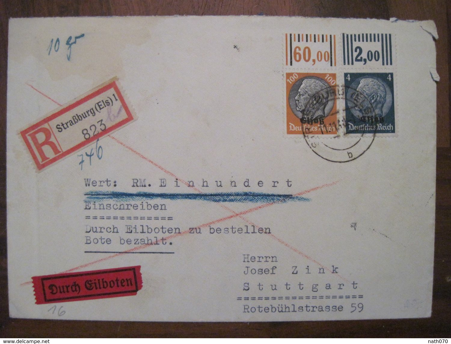 Allemagne France 1940 Alsace Elsass Einschreiben Cover Deutsches Reich DR SST Durch Eilboten Zu Bestellen Bote Bezahlt - Se-Tenant