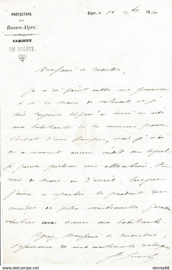 1860 - DIGNE - L.A.S. Du Cabinet Du Préfet Des Basses-Alpes à M. Le Conseiller Relative Au Maire De VALENSOLE - Historical Documents