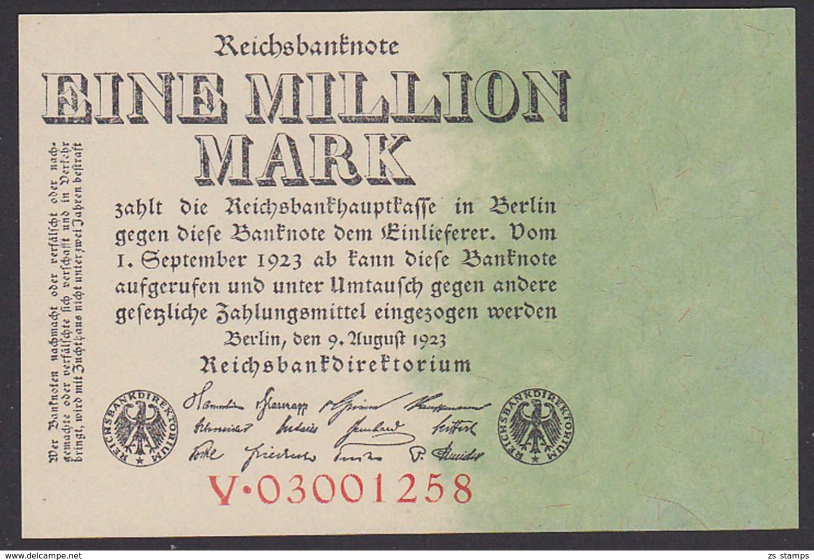 Deutsches Reich Inflationsschein 1 Million Reichsbanknote 9.8.23, Wz. Eichenlaub - 1 Million Mark