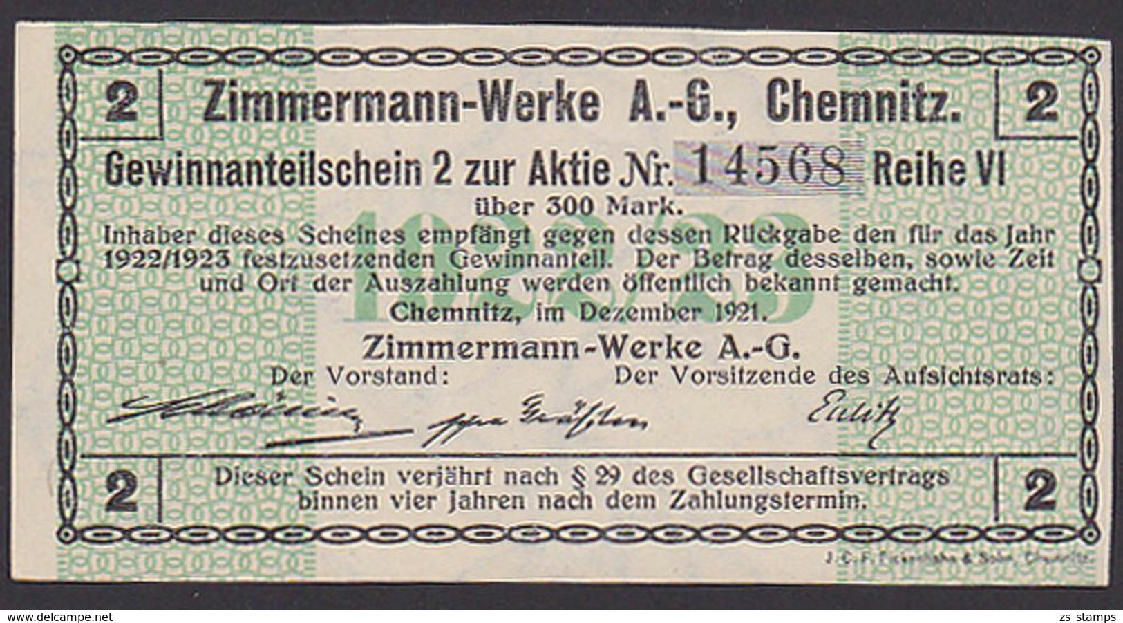 Chemnitz 1921 Zimmermann-Werke Anteilschein - Zwischenscheine - Schatzanweisungen