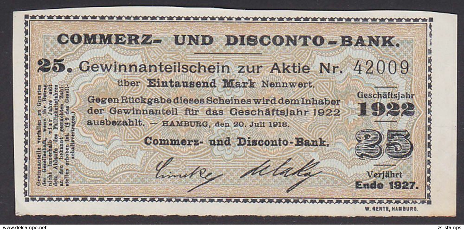 Hamburg 1922 Commerz- U. Disco- Bank Gewinnanteilschein 1.000 Mark Nennwert, Nr. 42009 - Zwischenscheine - Schatzanweisungen