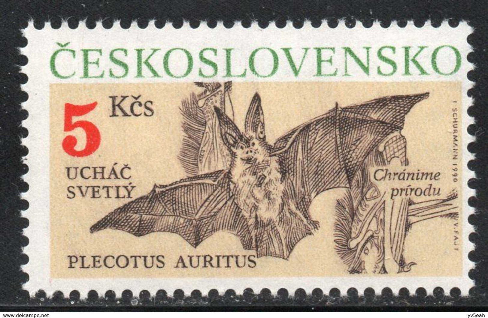 CZECHOSLOVAKIA/1990/MNH/SC#2807/ PROTECTED ANIMALS / PLECOTUS AURITUS (BAT) - Bats