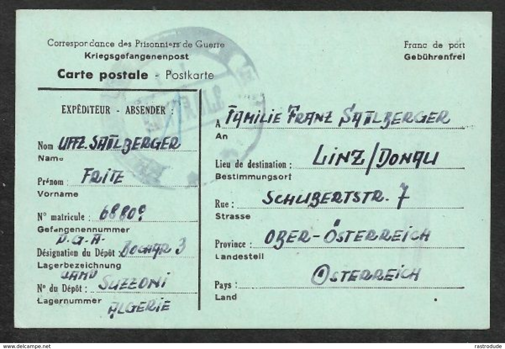1945 KGF PRISONNIERS DE GUERRE - KRIEGSGEFANGENE - ALGERIE CAMP SUZZONI A LINZ/DONAU AUTRICHE ÖSTERREICH - CENSURE CAMP - Cartas & Documentos