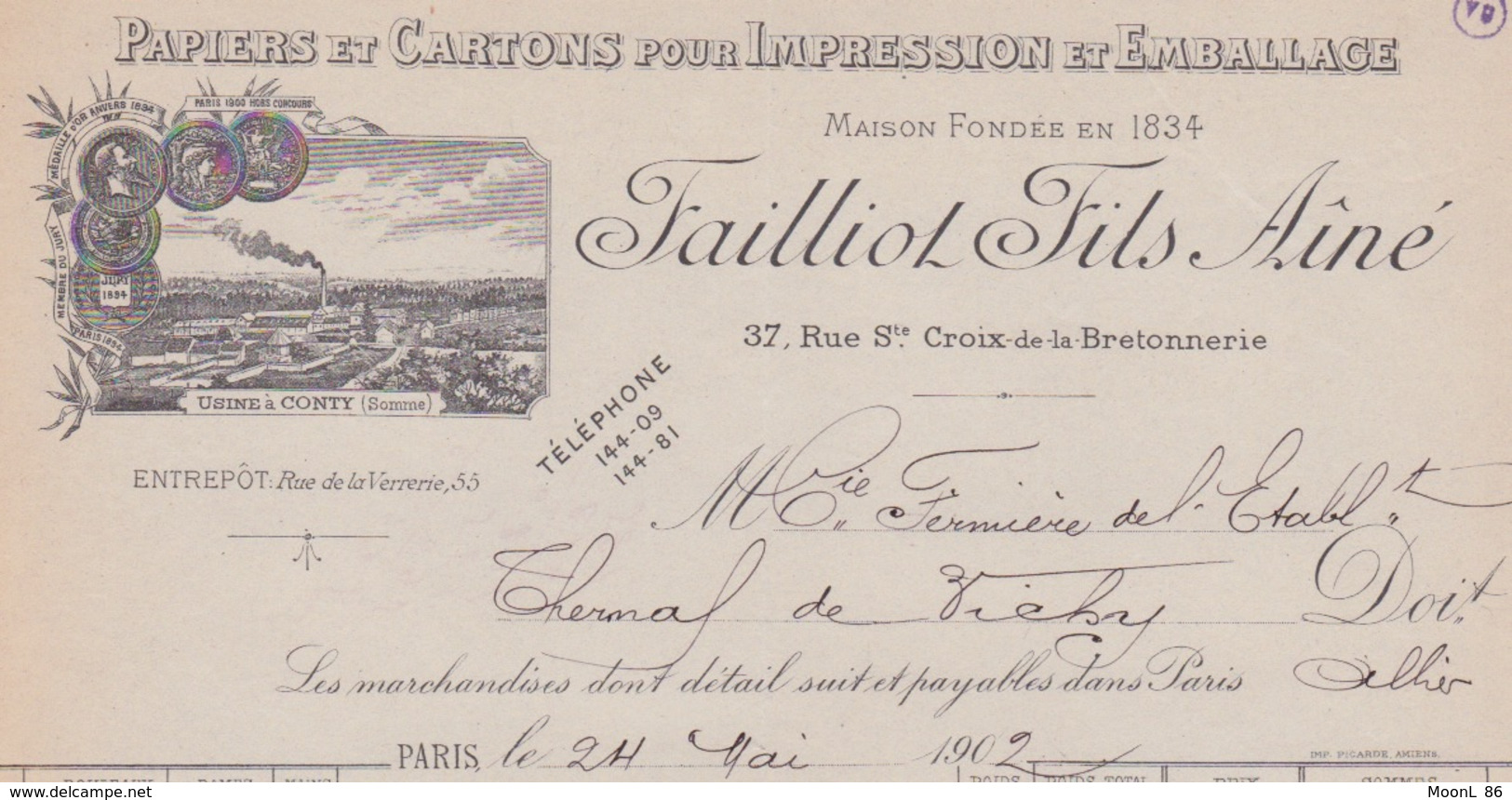 1902 - FACTURE - FAILLIOT FILS AINE  PAPIERS ET CARTONS POUR IMPRESSION EMBALLAGE RUE ST CROIX DE LA BRETONNERIE PARIS - Imprimerie & Papeterie