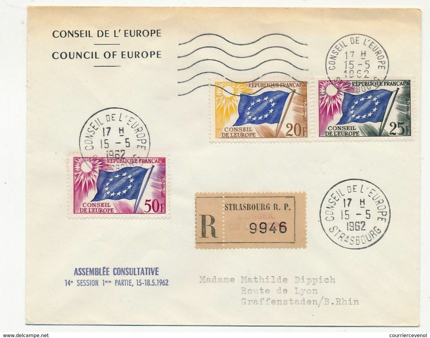 FRANCE - Env Reco Conseil De L'Europe 20F, 25F, 50F Drapeaux 15/5/1962 - Assemblée Consultative 14eme Session - Lettres & Documents