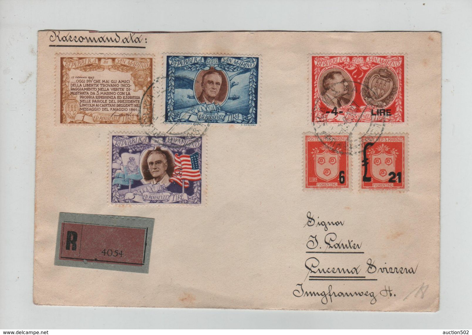 471PR/ San Marino Registered Cover 1947 > Switzerlannd Lucerne Arrival Cancellation - Lettres & Documents