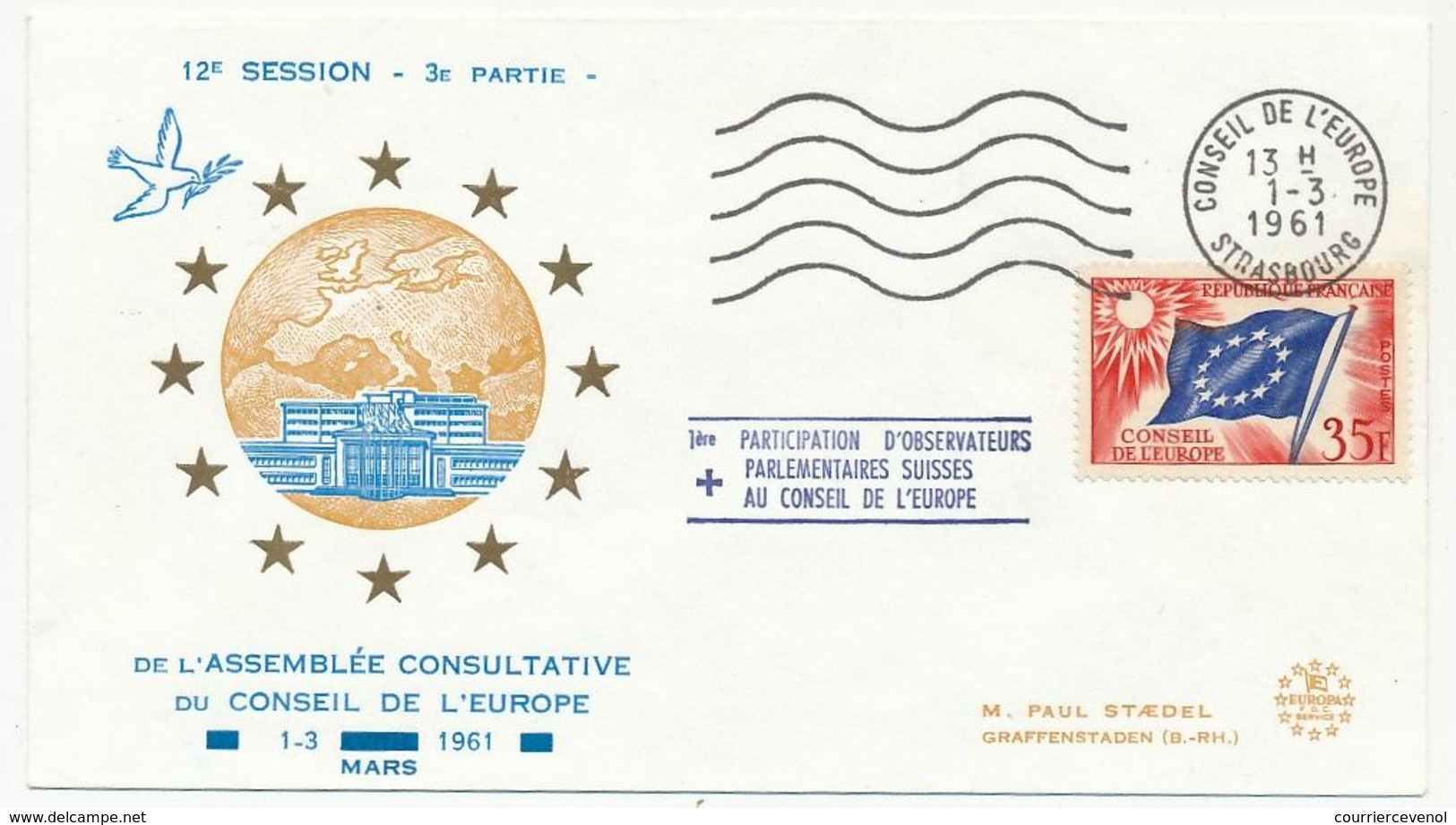 FRANCE - Env Format FDC - 35F Drapeau Conseil De L'Europe OMEC 1/3/1961 - Observateurs Parlementaires Suisses - Covers & Documents