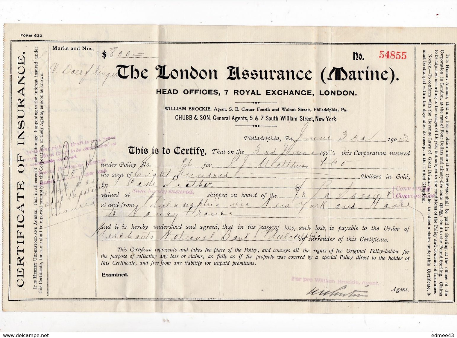 Lot De 4 Documents Rares 1903 New York, London, Philadelphia - Stati Uniti