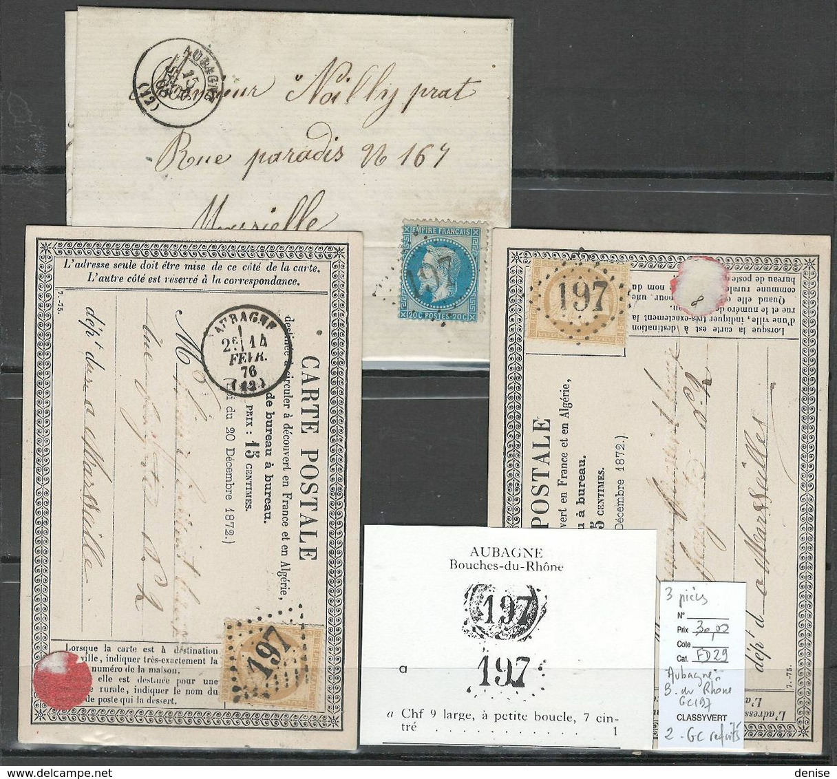 France - Lettres - GC197 - Aubagne - Bouches Du Rhone   - 3 Piéces Dont  2 Avec Gros Chiffre Refait - 1849-1876: Periodo Clásico