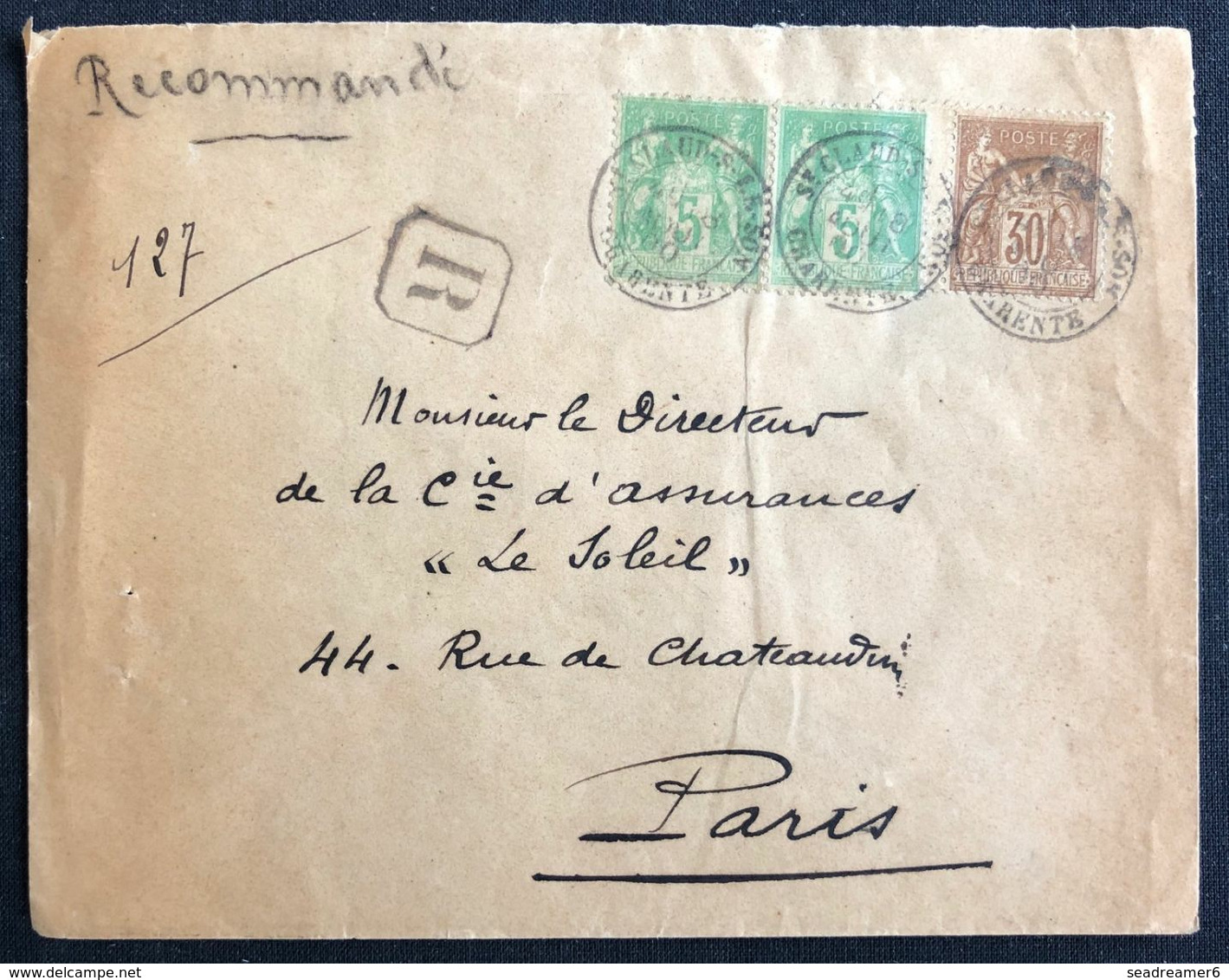 Enveloppe Recommandé Sage 40c Sage 1900 N°80 & 102 X2 De St Claud Sur Le Son Pour Paris Intéressant !! - 1898-1900 Sage (Tipo III)