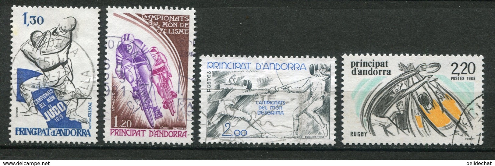 19409 ANDORRE N°281, 288, 296, 368 ° Sports : Judo, Cyclisme, Escrime, Rugby  1979-88  TB - Used Stamps