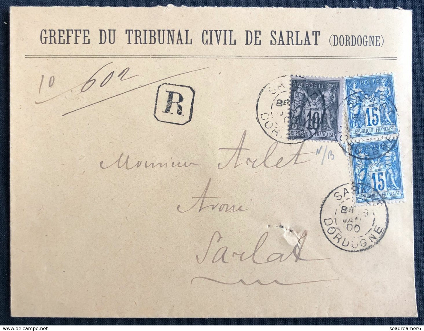 Enveloppe Recommandé Sage 40c Sage 1900 N°101 X2 & 103 De Sarlat Pour Sarlat TTB - 1898-1900 Sage (Tipo III)
