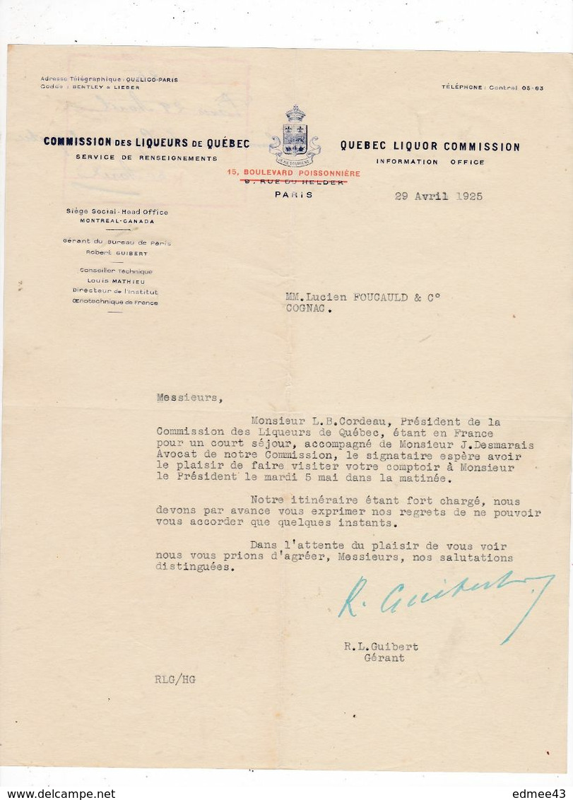 Courrier 1925 Commission Des Liqueurs Du Québec, Montréal, Canada,  à Lucien Foucauld & Cie, Distillateur, Cognac - Lebensmittel