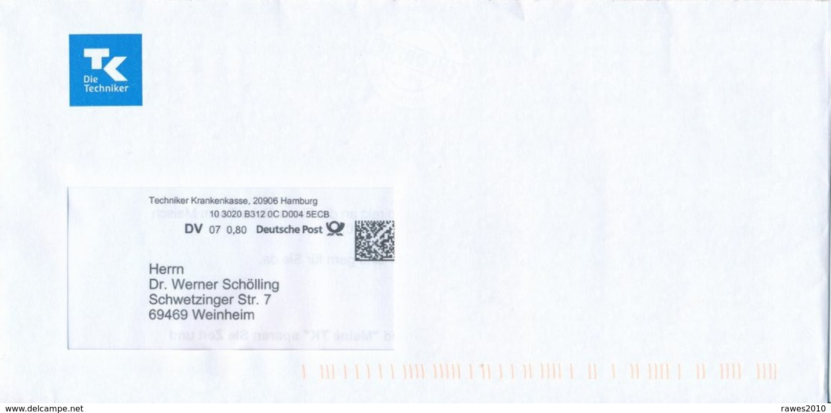 BRD / Bund Hamburg DV 07 0,80 Euro 2020 Techniker Krankenkasse - Lettres & Documents