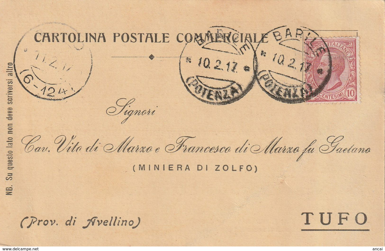 Barile. 1917. Annullo Guller BARILE (POTENZA), Su Cartolina Postale Commerciale - Poststempel