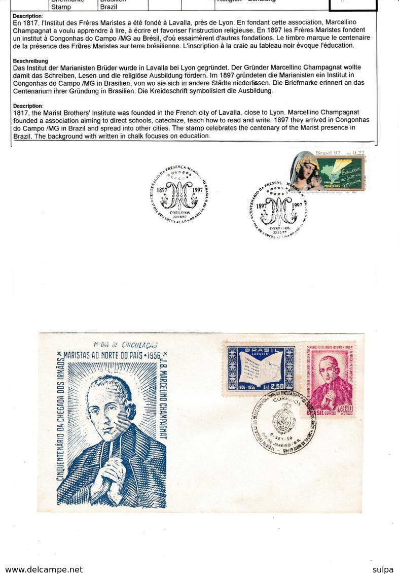 Frères Maristes Au Brésil. Champagnat FDC 1956. Monogramme Marial - FDC