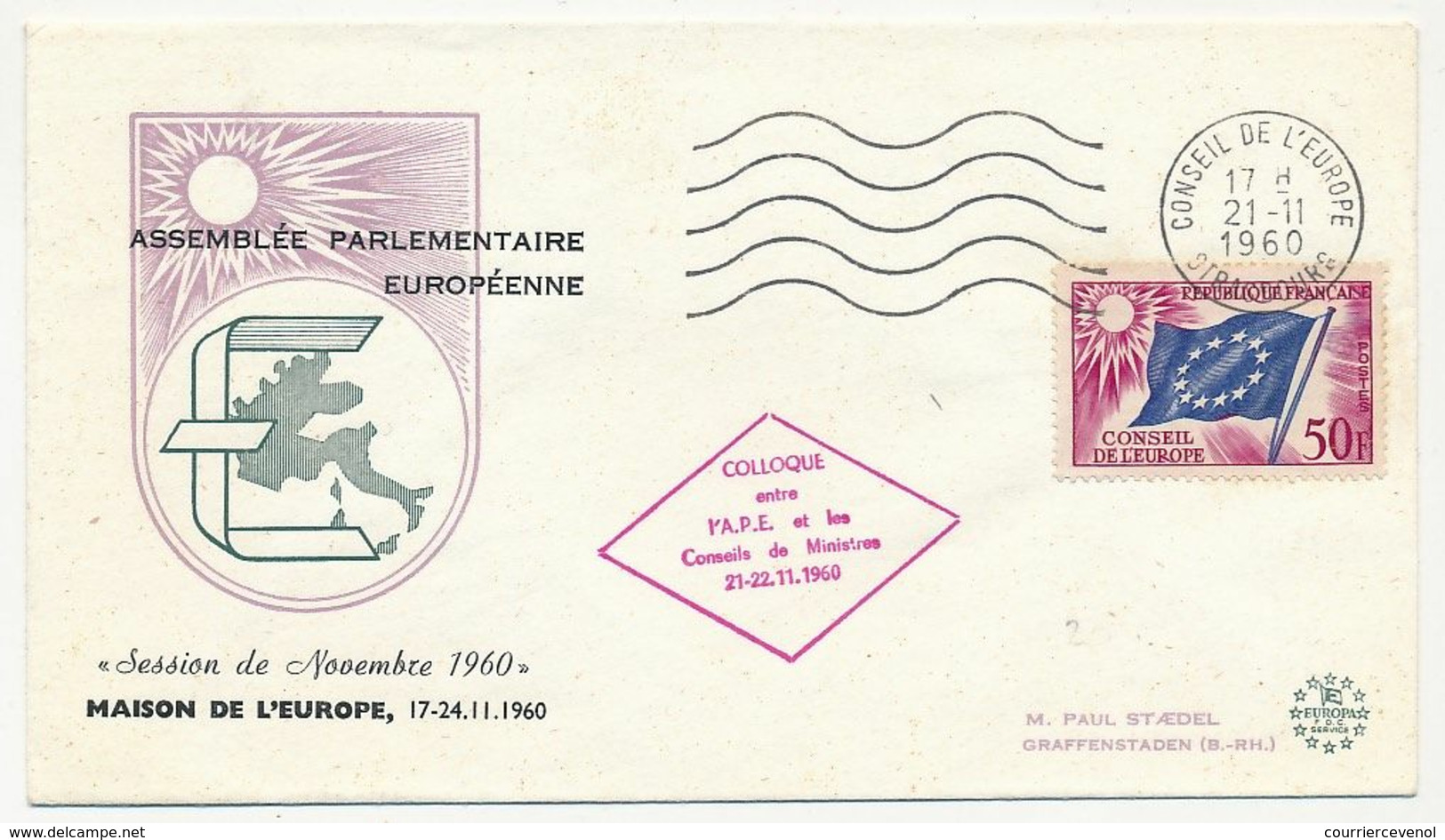 FRANCE - Env Format FDC - Affr 50F Drapeau - OMEC Conseil De L'Europe 21/11/1960 - Session Novembre 1960 - Lettres & Documents