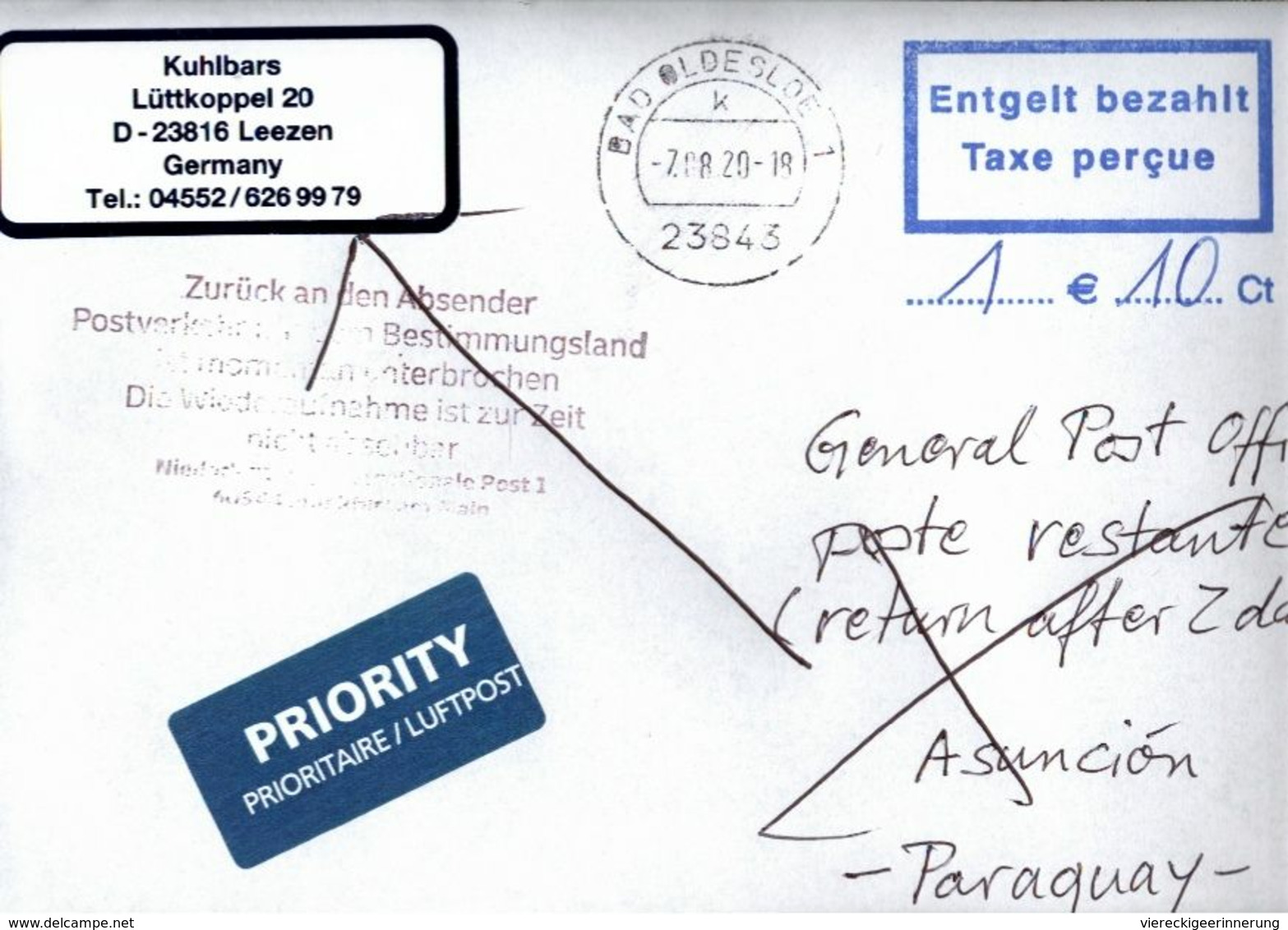 ! 2020 Germany Cover (7.8.) Paraguay, Airmail , Interruption Postal Service COVID-19, Antwortschein, Reply Coupon - Ziekte