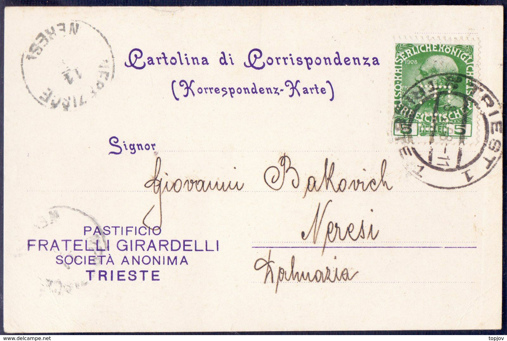 AUSTRIA - ITALIA - Perfins "F.G." VERTIKALE  Pastificio FRATELLI  GIRARDELLI  TRIESTE - 1908 - Perfin