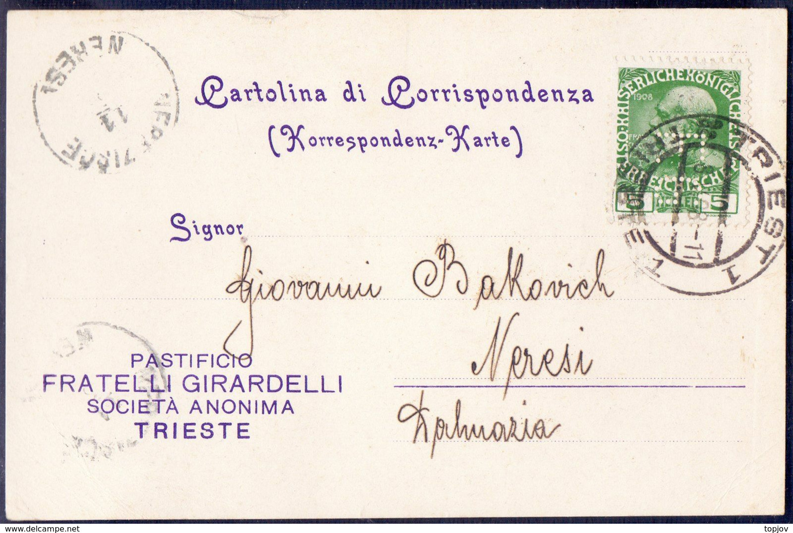 AUSTRIA - ITALIA - Perfins "F.G." VERTIKALE  Pastificio FRATELLI  GIRARDELLI  TRIESTE - 1908 - Perfins