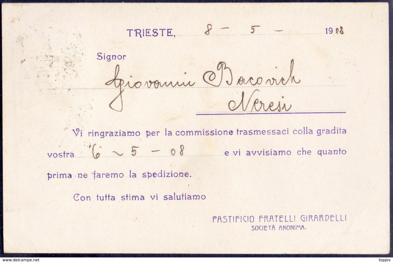 AUSTRIA - ITALIA - Perfins "F.G." VERTIKALE  Pastificio FRATELLI  GIRARDELLI  TRIESTE - 1908 - Perfin
