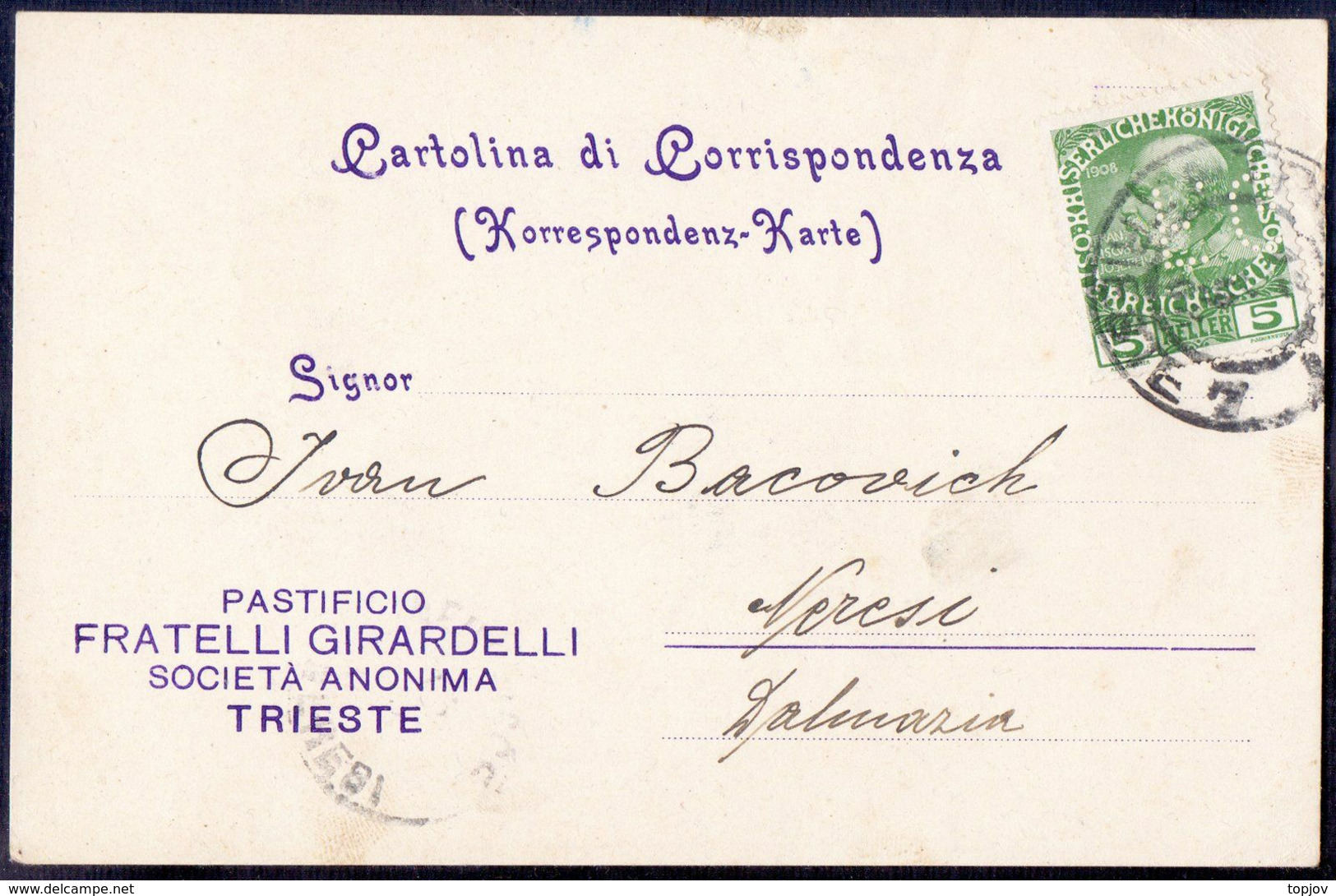 AUSTRIA - ITALIA - Perfins "F.G." INVERTED  Pastificio FRATELLI  GIRARDELLI  TRIESTE - 1908 - Perfin