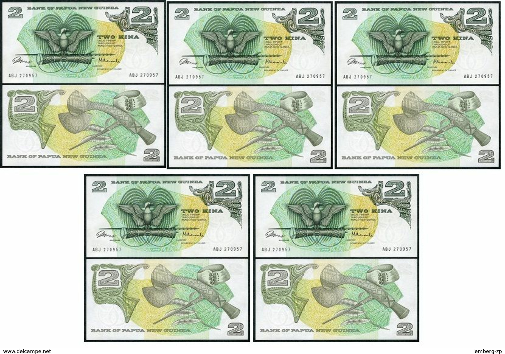 Papua New Guinea - 5 Pcs X 2 Kina 1975 Pick 1 UNC Lemberg-Zp - Papoea-Nieuw-Guinea