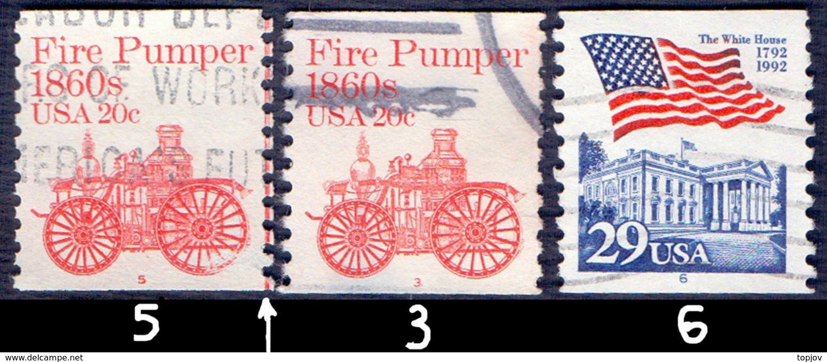 USA - FIRE + FLAG ++ Pl. Num.  3 - 5 - 6 - Used - Roulettes (Numéros De Planches)