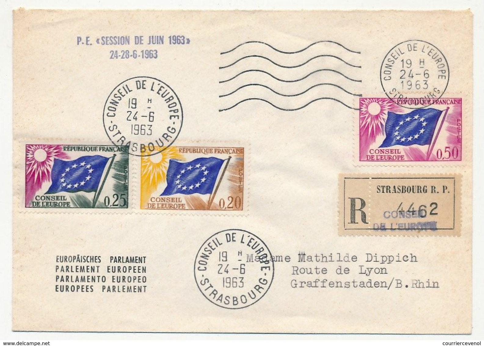 FRANCE - Env Reco, Affr 0,20, 0,25, 0,50 Conseil De L'Europe 24/6/1963 - P.E. Session De Juin 1963 - Storia Postale