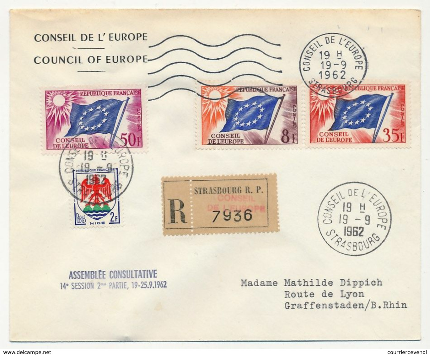 FRANCE - Env Reco, Affr 8F, 36F, 50F Drapeau +2F Nice - Conseil De L'Europe 19/9/1962 - Assemblée Consultative - Briefe U. Dokumente